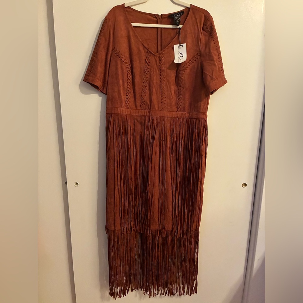 Midnight Velvet Rust Fringe Midi Dress